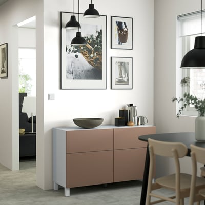 BESTÅ Storage combination w doors/drawers, white/Lappviken/Stubbarp light grey-brown, 120x42x74 cm