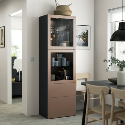 BESTÅ Storage combination w glass doors, black-brown Lappviken/light grey-brown clear glass, 60x42x193 cm
