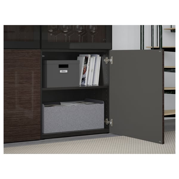 BESTÅ Storage combination w glass doors, black-brown/Selsviken high-gloss/brown clear glass, 120x42x193 cm