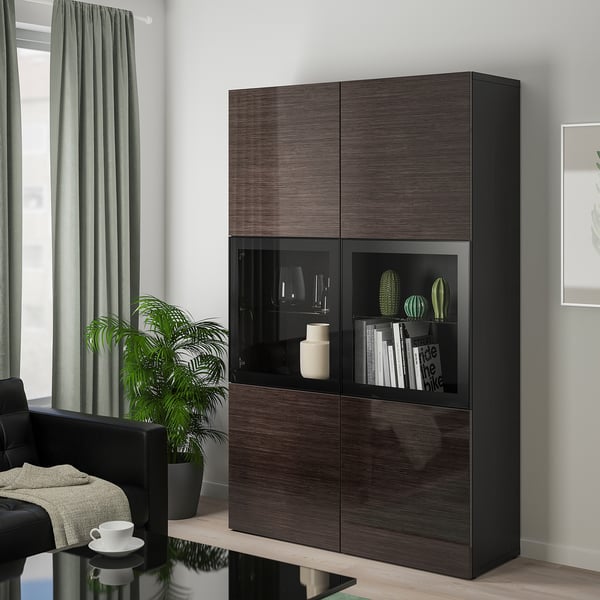 BESTÅ Storage combination w glass doors, black-brown/Selsviken high-gloss/brown clear glass, 120x42x193 cm