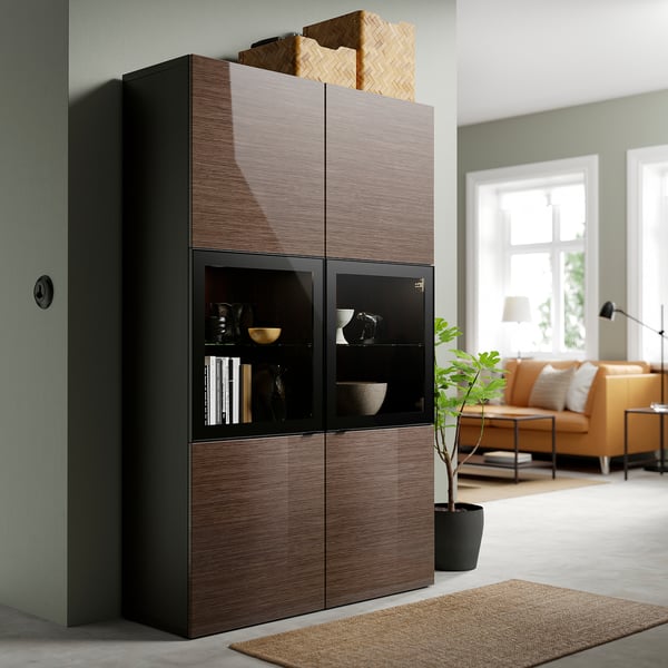 BESTÅ Storage combination w glass doors, black-brown/Selsviken high-gloss/brown clear glass, 120x42x193 cm