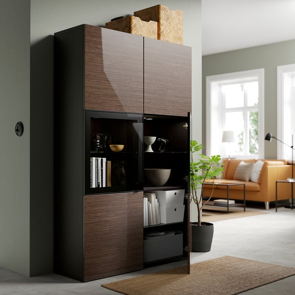 BESTÅ Storage combination w glass doors, black-brown/Selsviken high-gloss/brown clear glass, 120x42x193 cm