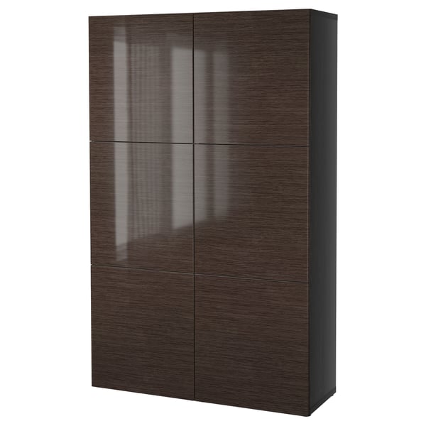 BESTÅ Storage combination with doors, black-brown/Selsviken high-gloss/brown, 120x42x193 cm