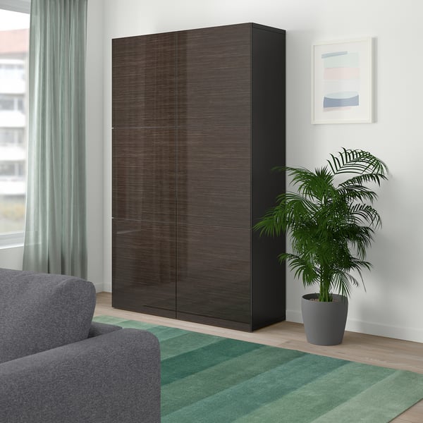 BESTÅ Storage combination with doors, black-brown/Selsviken high-gloss/brown, 120x42x193 cm