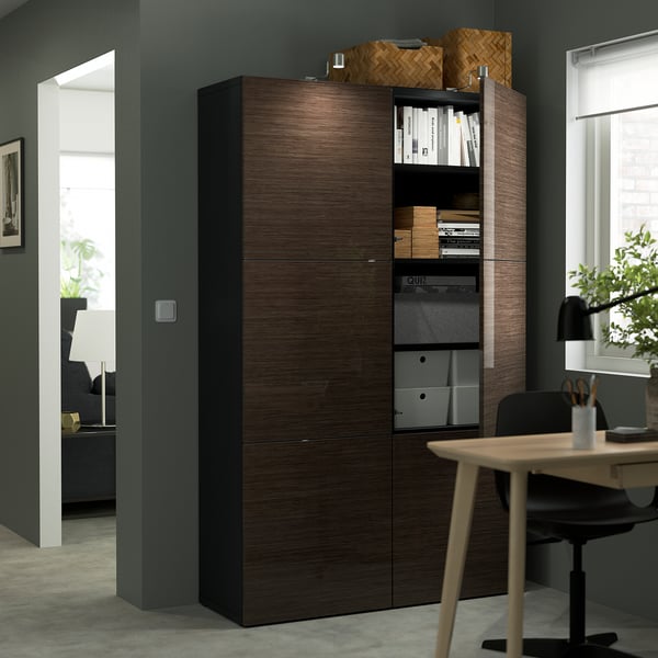 BESTÅ Storage combination with doors, black-brown/Selsviken high-gloss/brown, 120x42x193 cm