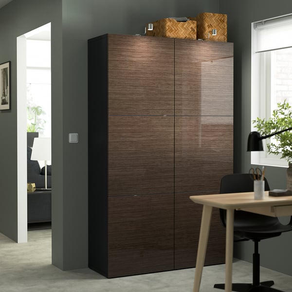 BESTÅ Storage combination with doors, black-brown/Selsviken high-gloss/brown, 120x42x193 cm