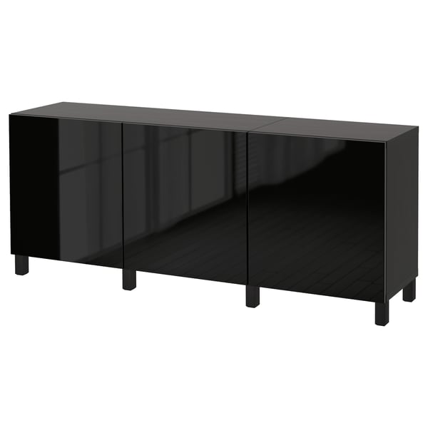 Black BESTÅ sideboard with glossy finish, rectangle shape, four adjustable legs.