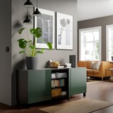 BESTÅ Storage combination with doors, black-brown Selsviken/Stubbarp/high-gloss dark olive-green, 180x42x74 cm