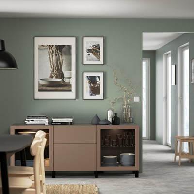 BESTÅ Storage combination with drawers, black-brown Lappviken/Stubbarp/light grey-brown clear glass, 180x42x74 cm