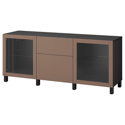 BESTÅ Storage combination with drawers, black-brown Lappviken/Stubbarp/light grey-brown clear glass, 180x42x74 cm