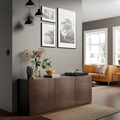 BESTÅ Storage combination with drawers, black-brown/Selsviken high-gloss/brown, 180x42x65 cm