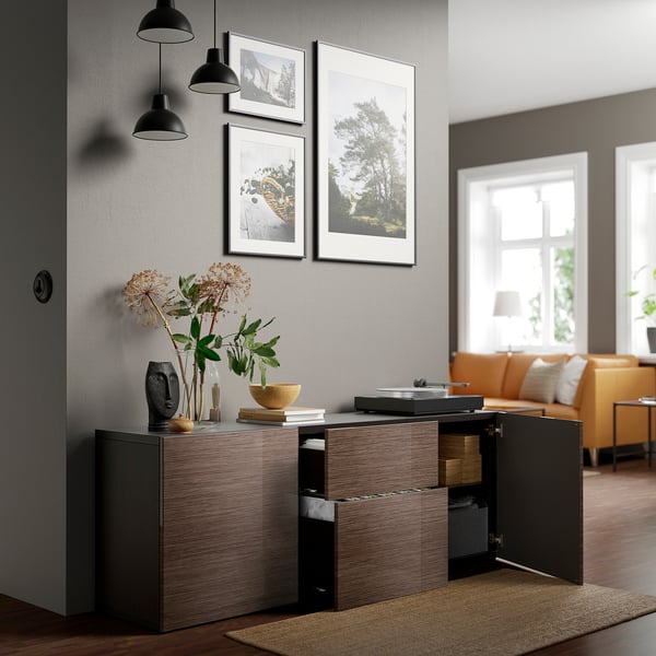BESTÅ Storage combination with drawers, black-brown/Selsviken high-gloss/brown, 180x42x65 cm
