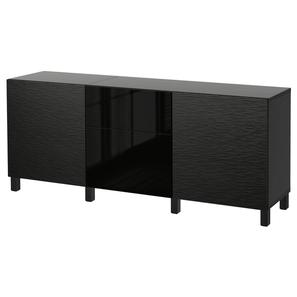 BESTÅ Storage combination with drawers, Laxviken black/Selsviken high-gloss/black, 180x42x74 cm