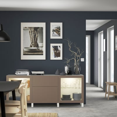 BESTÅ Storage combination with drawers, white Lappviken/Stubbarp/light grey-brown clear glass, 180x42x74 cm