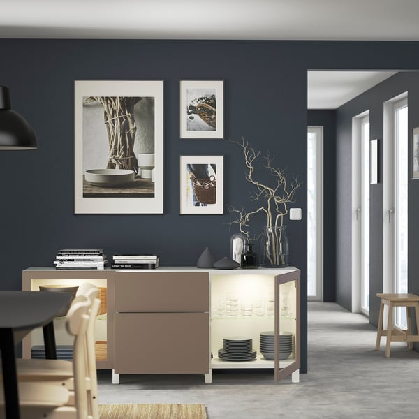 BESTÅ Storage combination with drawers, white Lappviken/Stubbarp/light grey-brown clear glass, 180x42x74 cm