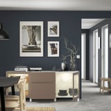 BESTÅ Storage combination with drawers, white Lappviken/Stubbarp/light grey-brown clear glass, 180x42x74 cm