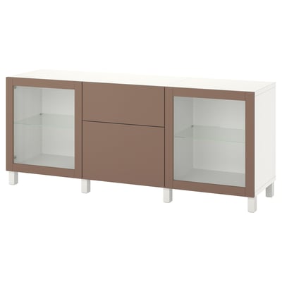 BESTÅ Storage combination with drawers, white Lappviken/Stubbarp/light grey-brown clear glass, 180x42x74 cm