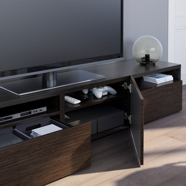 BESTÅ TV bench, black-brown/Selsviken high-gloss/brown, 180x42x39 cm
