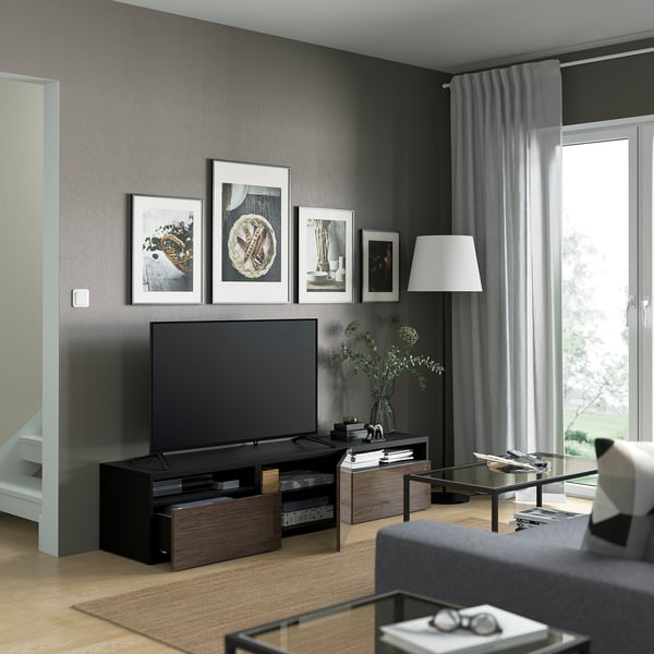 BESTÅ TV bench, black-brown/Selsviken high-gloss/brown, 180x42x39 cm