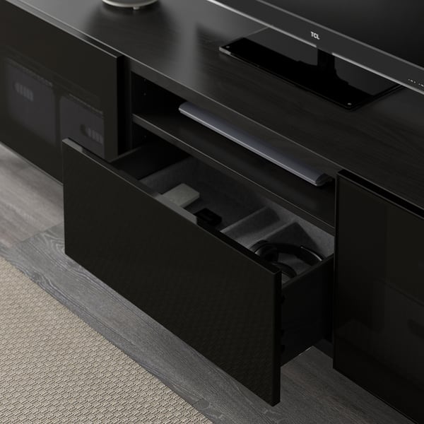BESTÅ TV bench, black-brown/Selsviken/Nannarp high-gloss/black smoked glass, 180x42x48 cm