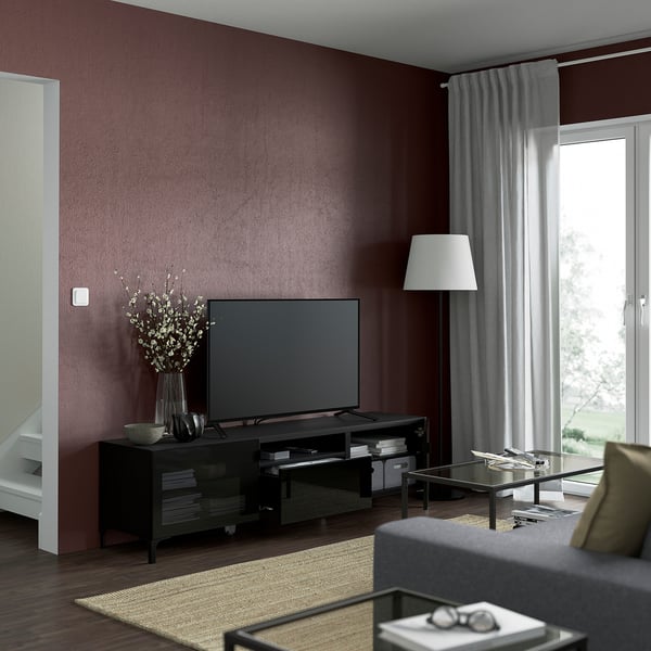 BESTÅ TV bench, black-brown/Selsviken/Nannarp high-gloss/black smoked glass, 180x42x48 cm