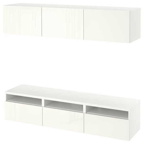 Displays a white BESTÅ tv bench with a matching wall cabinet. The furniture is modern, minimalist, and designed for storage and organisation.