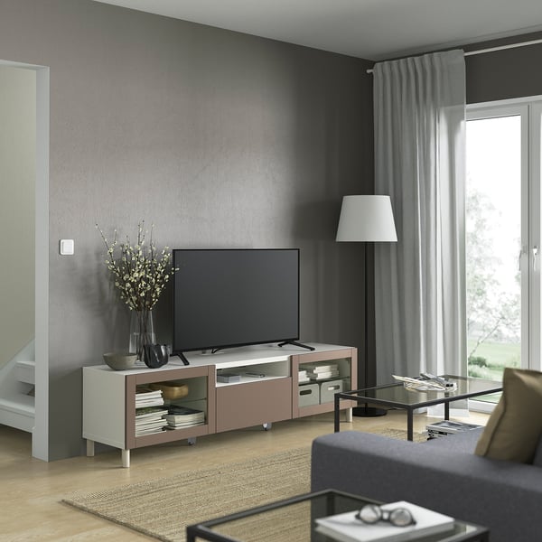 BESTÅ TV bench, white Sindvik/Lappviken/Mejarp light grey-brown, 180x42x48 cm