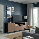 BESTÅ TV bench with doors and drawers, black-brown/Lappviken/Stubbarp light grey-brown, 240x42x74 cm