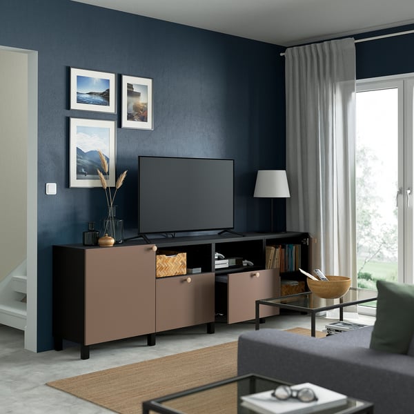 BESTÅ TV bench with doors and drawers, black-brown/Lappviken/Stubbarp light grey-brown, 240x42x74 cm
