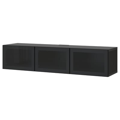 BESTÅ TV bench with doors, black-brown/Glassvik smoked glass, 180x42x38 cm