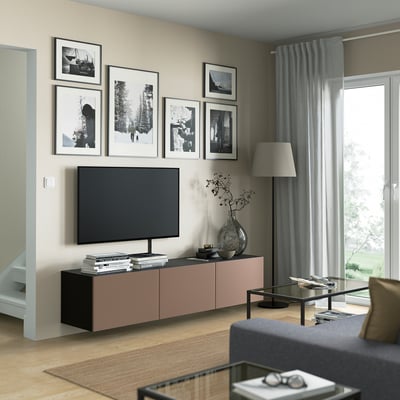 BESTÅ TV bench with doors, black-brown/Lappviken light grey-brown, 180x42x38 cm