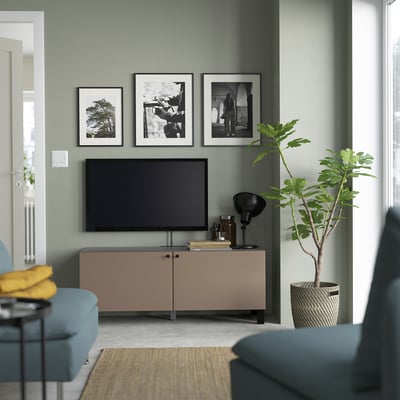 BESTÅ TV bench with doors, black-brown/Lappviken/Stubbarp light grey-brown, 120x42x48 cm