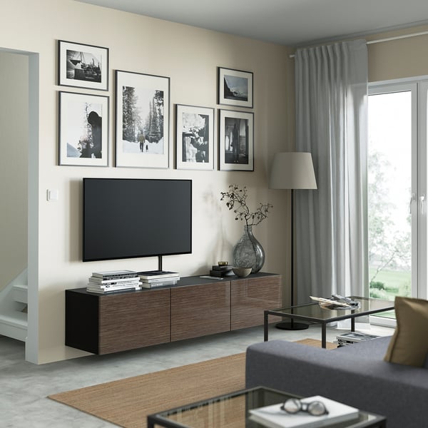 BESTÅ TV bench with doors, black-brown/Selsviken high-gloss/brown, 180x42x38 cm