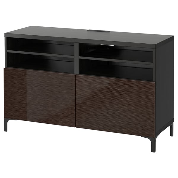 BESTÅ TV bench with doors, black-brown/Selsviken/Nannarp high-gloss/brown, 120x42x74 cm
