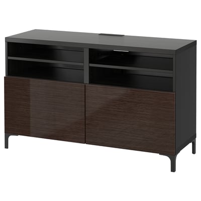 BESTÅ TV bench with doors, black-brown/Selsviken/Nannarp high-gloss/brown, 120x42x74 cm