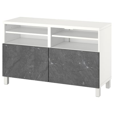 Depicts a white and grey BESTÅ tv bench with open shelves and marble-like doors.