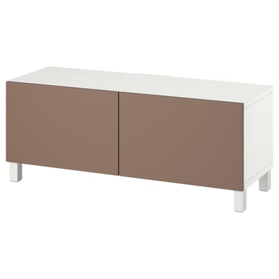 BESTÅ TV bench with doors, white Lappviken/Stubbarp/light grey-brown, 120x42x48 cm