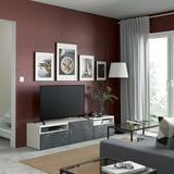 BESTÅ TV bench with drawers and door, white/Bergsviken black, 180x42x39 cm