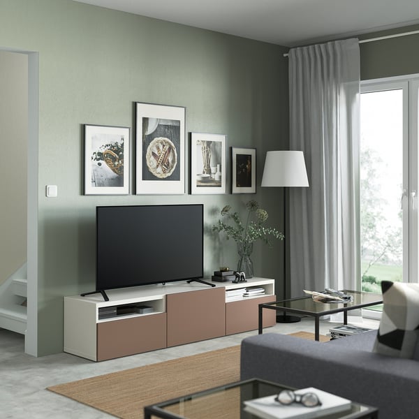BESTÅ TV bench with drawers and door, white/Lappviken light grey-brown, 180x42x39 cm
