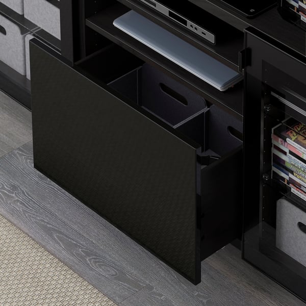BESTÅ TV bench with drawers, black-brown/Selsviken high-gloss/black clear glass, 180x40x74 cm