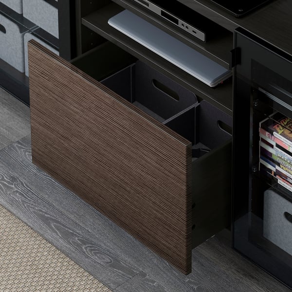 BESTÅ TV bench with drawers, black-brown/Selsviken/Nannarp high-gloss/brown clear glass, 180x42x74 cm