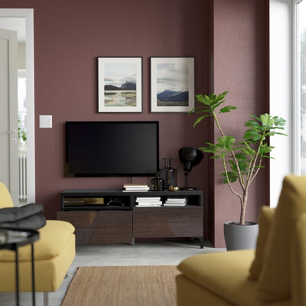BESTÅ TV bench with drawers, black-brown/Selsviken/Nannarp high-gloss/brown, 120x42x48 cm
