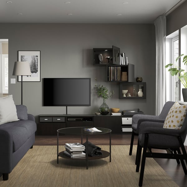 BESTÅ TV storage combination/glass doors, black-brown/Lappviken black-brown clear glass, 240x42x190 cm