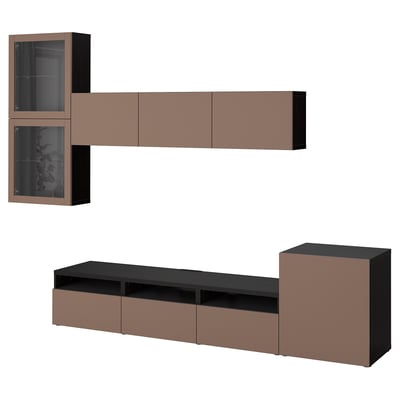 BESTÅ TV storage combination/glass doors, black-brown Lappviken/light grey-brown clear glass, 300x42x211 cm