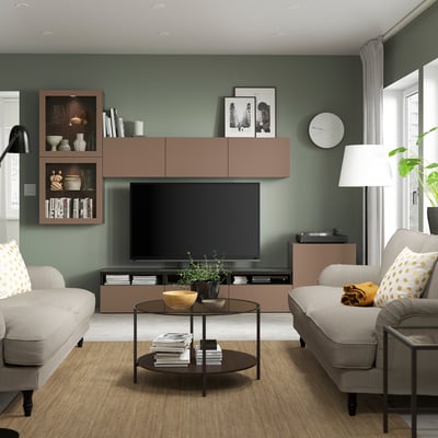 BESTÅ TV storage combination/glass doors, black-brown Lappviken/light grey-brown clear glass, 300x42x211 cm