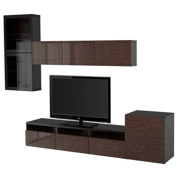 BESTÅ TV storage combination/glass doors, black-brown/Selsviken high-gloss/brown clear glass, 300x42x211 cm