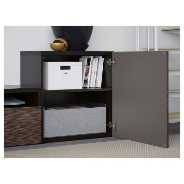 BESTÅ TV storage combination/glass doors, black-brown/Selsviken high-gloss/brown clear glass, 300x42x211 cm