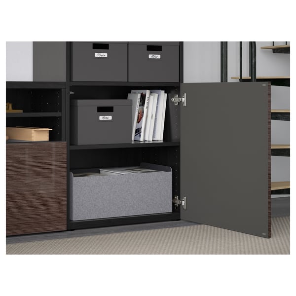BESTÅ TV storage combination/glass doors, black-brown/Selsviken high-gloss/brown clear glass, 300x42x231 cm