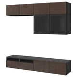 BESTÅ TV storage combination/glass doors, black-brown/Selsviken high-gloss/brown clear glass, 240x42x231 cm