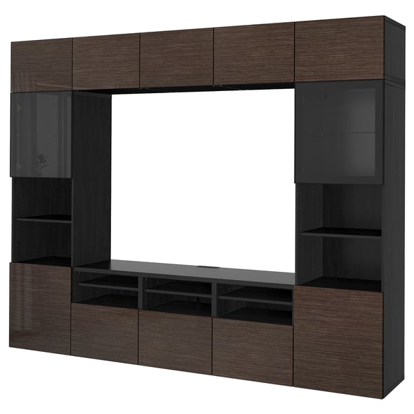 BESTÅ TV storage combination/glass doors, black-brown/Selsviken high-gloss/brown clear glass, 300x42x231 cm
